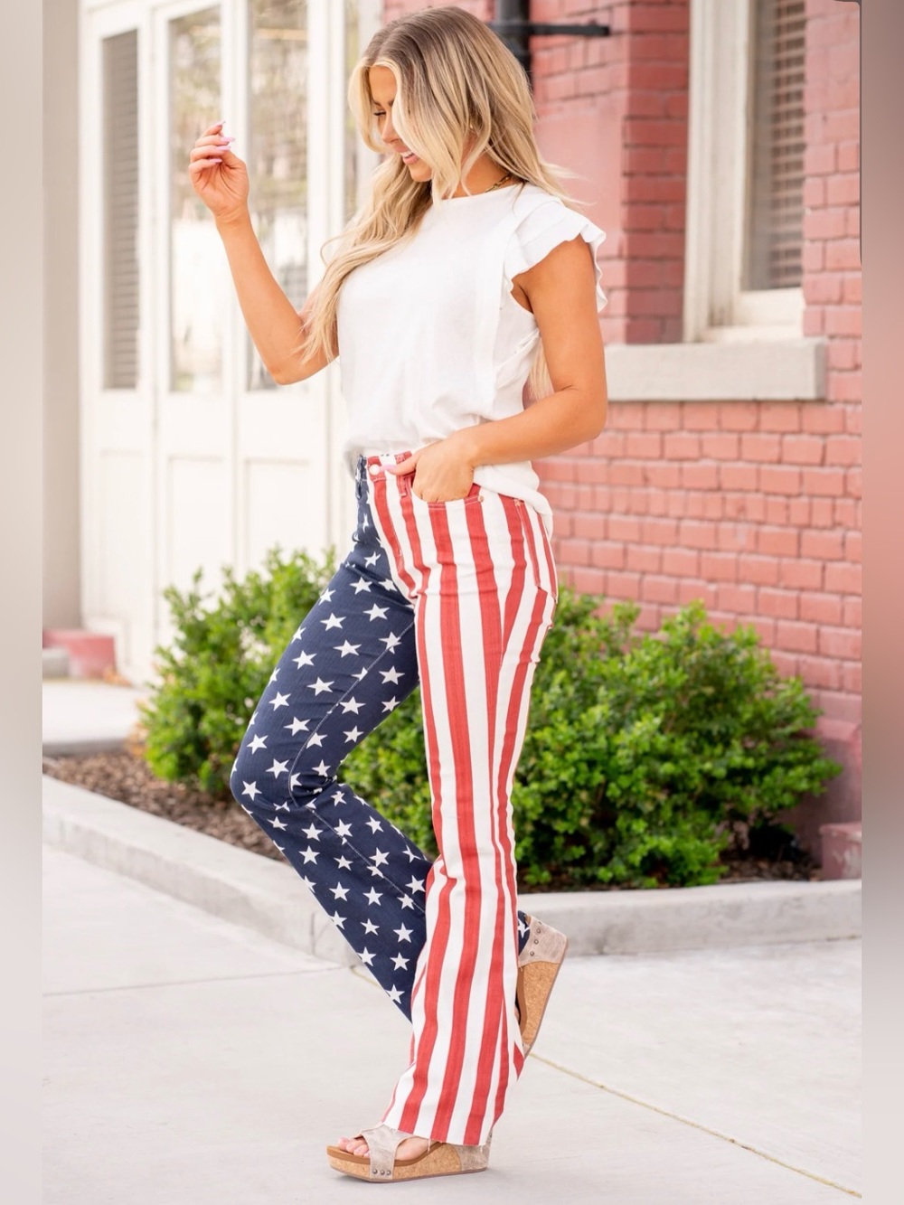 Jusy blue Stars & Stripes High-Waist Flag Print Pants - Red, White & Blue